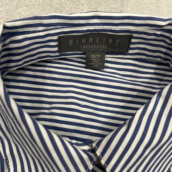 [XS/PTP:18”]Highline Collective Embroidered Floral Bird Blue Striped Shirt Dress - Picture 5 of 12